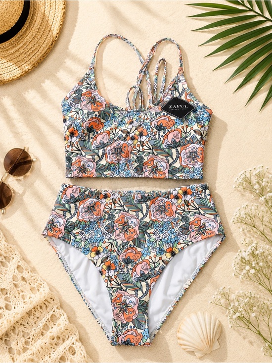 Zaful Other - Zaful Floral High-Waist Bikini - Peach, Blue & Green